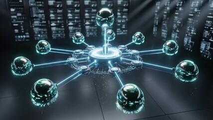 Futuristic Data Network - video features a futuristic network visualization with glowing spheres connected to a central hub by beams of light. - Powered by Adobe