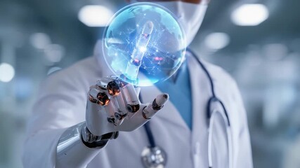 Futuristic robotic doctor touching holographic globe in medical setting - Powered by Adobe