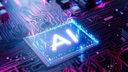 Processor or microchip with AI text on circuit board. Artificial intelligence background illustration. Core of artificial intelligence machine with neon light of energy. computer technology, data - Powered by Adobe