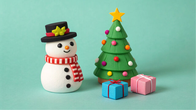 Snowman and Winter Tree with Gifts on Teal Background