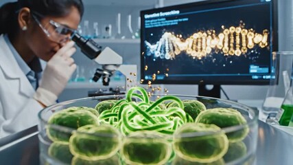 Scientist Examining Cell Culture - In a laboratory setting, a scientist is using a microscope to examine a cell culture dish filled with green cells and glowing strands. - Powered by Adobe