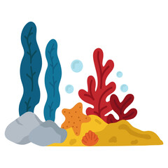 Hand drawn underwater ocean scene with seaweed and coral illustration. © nubaia