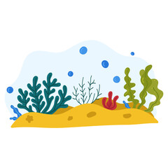 Hand drawn underwater ocean scene with seaweed and coral illustration. © nubaia