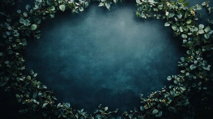 Green leafy garland frames a blue textured background; dark, moody, natural