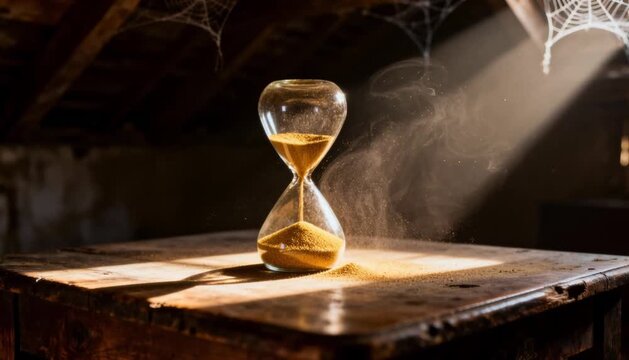 Cinematic close-up of an hourglass on a rustic wooden table, grains of sand cascading down in slow motion