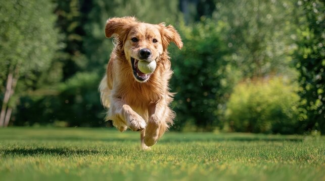 Happy golden retriever dog running across green grass lawn with tennis ball in mouth, captured mid-leap on sunny day outdoors