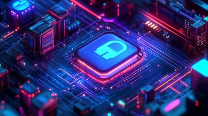 Microchip with blockchain symbol, modern technologies and innovations.
For publications about blockchain, cryptocurrencies, technology development and digital transformation.