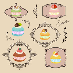 かわいいデコレーションスイーツと飾り枠　マカロン　メニュー デザイン素材