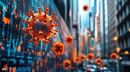 The virus against the backdrop of the city's financial graph; the pandemic threatens the economy.
 