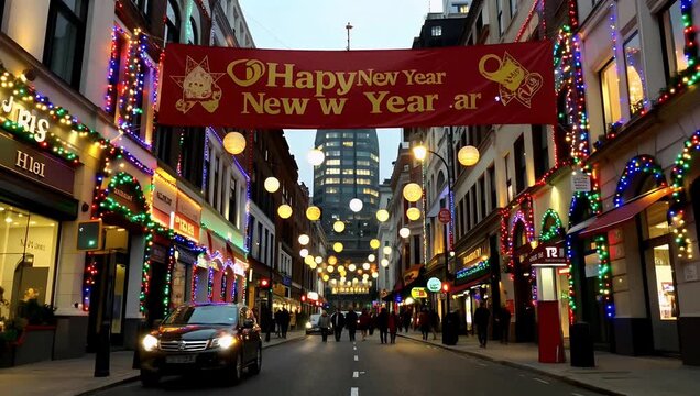 Urban street decorated with hanging lanterns string lights and a holiday banner at dusk