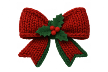 Red knitted christmas bow decorating with green holly leaves and berries, celebrating winter holiday spirit, transparent background