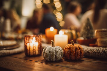 Warm candlelight and soft knitted pumpkins set a gentle Thanksgiving mood. The blurred gathering in the background hints at shared stories, comfort, and the calm joy of being together for the holiday 