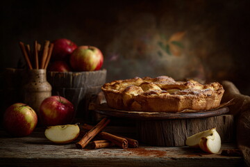 A homemade apple pie sits on a wooden table, surrounded by cinnamon sticks and fresh apples — a classic Thanksgiving dessert radiating warmth and nostalgia.