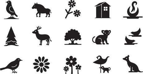 Black vector farm animal silhouettes set includes horse, cow, dog, and cat icons