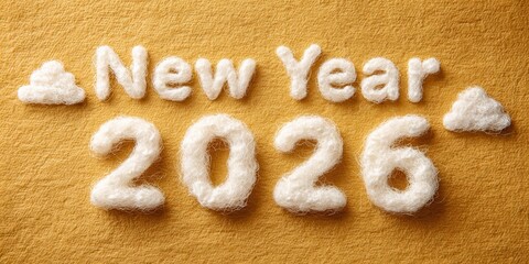 Soft wool clouds forming text New Year 2026 on warm yellow background, creating cozy festive composition with handcrafted texture, ideal for greeting cards, seasonal design, and joyful celebration.
