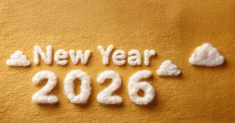 Fluffy handcrafted wool text New Year 2026 arranged on golden textured surface, conveying creative festive mood with warm tones, softness, and decorative charm for cheerful seasonal greeting design.