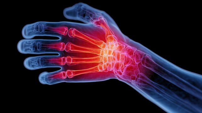 Medical health and lifestyle concept. Focused image of wrist showing wrist pain. See-through image or X-ray showing wrist bones in the body.