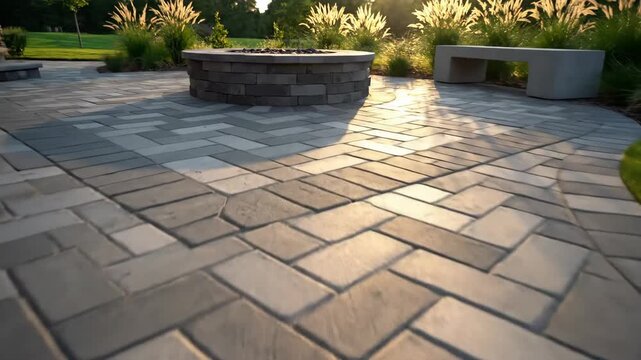 Patio Paver Design with Fire Pit - A ground-level view shows a herringbone pattern patio with gray and white pavers. In the background, a stone fire pit, bench, and ornamental grasses are visible.