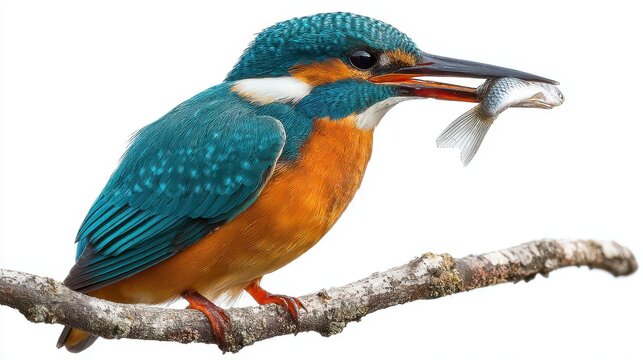 Vibrant common kingfisher perched on branch holding small fish in beak. Stunning turquoise and orange plumage bird isolated on white background with natural wildlife detail
