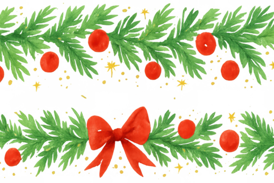 Christmas garland with green fir branches, red berries, and a red bow. Watercolor illustration for holiday designs, transparent background