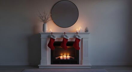 Serene Christmas ambiance with a warmly lit fireplace, red stockings hung on the mantel, and minimalist decor creating a cozy holiday interior