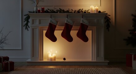 Warm and inviting Christmas fireplace scene with three red stockings, elegant garlands, and glowing candles, creating a cozy and festive holiday ambiance