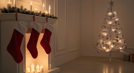 Festive Fireplace with Christmas Stockings and a Glowing Decorated Tree
