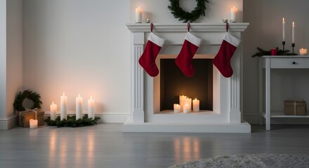 Festive Fireplace Cozy Christmas Scene with Stockings, Candles, and Holiday Cheer