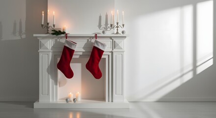 Elegant white fireplace mantel adorned with festive red stockings and flickering candles, creating a warm and cozy atmosphere for holiday celebrations in a modern interior