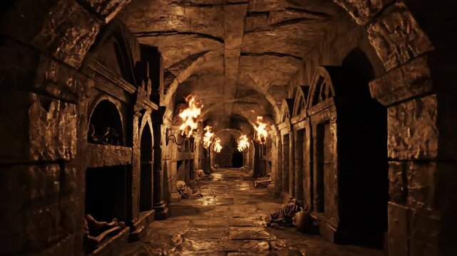 Dark Stone Catacombs Interior - A long corridor stretches out into darkness, lined with stone walls and arches. Skeletons and bones litter the ground, and torches cast flickering light.
