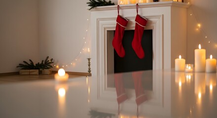 Festive Fireplace with Stockings and Candles Cozy Holiday Home Decor