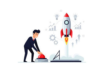Business Launch: A determined businessperson initiates a rocket launch, symbolizing ambition, innovation, and the start of a new business venture. 