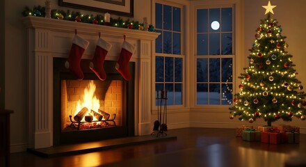 Cozy Christmas scene with a crackling fireplace, decorated tree, and moonlit night sky
