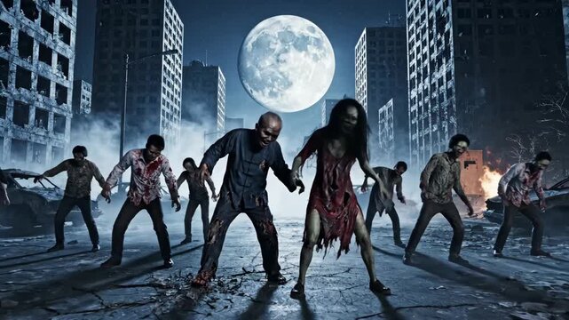 Zombie Horde in Post-Apocalyptic City - A group of zombies walks through a desolate city under a full moon, with damaged buildings in the background and a fire burning in the distance.