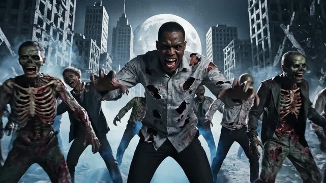 Zombie Apocalypse Horde - A horde of zombies are aggressively advancing toward the viewer in a post-apocalyptic urban landscape with destroyed buildings and a full moon.