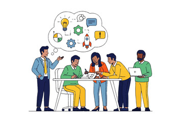 Creative Minds Converge: A collaborative group of individuals brainstorm and strategize, ideas swirling above their heads as they work together on a new project.
