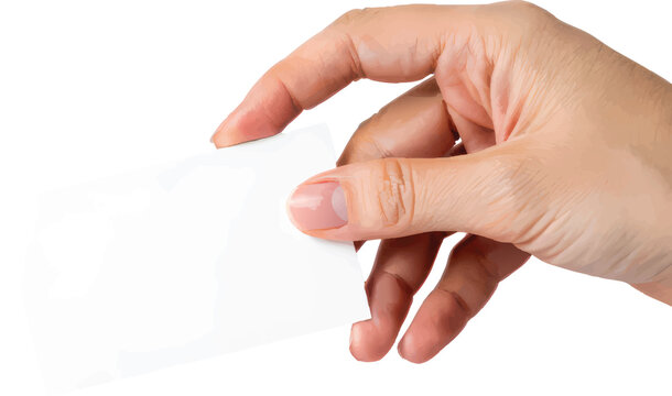 A person's hand holding a blank white rectangular card against an isolated white background.