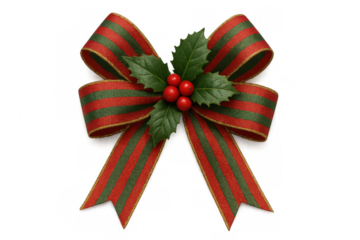 Christmas bow ribbon decoration with holly leaves and red berries, creating a festive holiday gift wrapping element