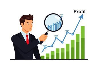 Strategic Focus: A professional in a suit intently examines a rising financial graph, his focus fixed on increasing profit and financial gain.
