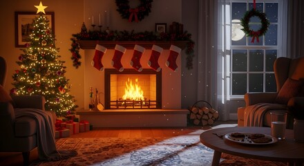 Cozy Christmas Eve A Fireplace Glow Scene with Christmas Tree and Stockings