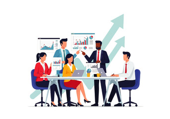 Business Strategy Meeting: A diverse team collaborates around a table, exchanging ideas and analyzing data, with an upward-trending arrow symbolizing progress and growth.