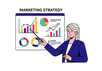 Presentation of Marketing Strategy: A professional individual gestures towards a data-rich chart displaying marketing analytics, embodying strategy, analysis.