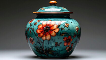 Turquoise ceramic jar with hand-painted floral design and snug lid for editorial home decor photography artisanal craftsmanship visuals and poetic ornamentation-themed content