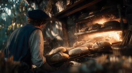 Fototapeta premium Baker Removing Fresh Bread from Wood-Fired Oven