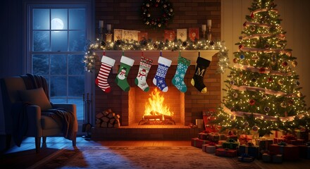 Cozy Christmas Eve scene with a roaring fireplace, decorated Christmas tree, and stockings hung with care