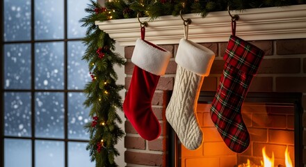 Three festive Christmas stockings hanging on a decorated fireplace mantel with a cozy fire burning and snow falling outside the window