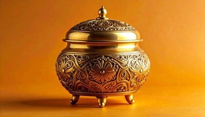 Ornate golden container with filigree patterns, bead embellishments, and polished finish on warm background for editorial cultural photography decorative artifact and poetic heritage-themed visuals