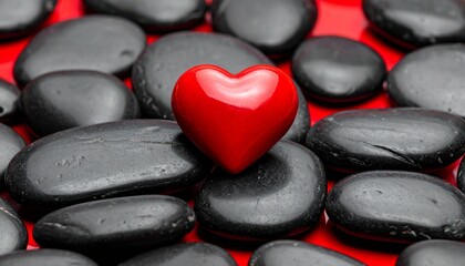 Red heart-shaped object among black wet stones on red background for editorial wellness photography emotional decor and poetic contrast-themed visuals