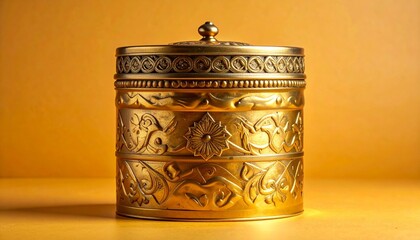 Ornate golden container with filigree patterns, bead embellishments, and polished finish on warm background for editorial cultural photography decorative artifact and poetic heritage-themed visuals