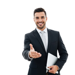 A smiling businessman in a dark suit and white shirt offers a handshake while holding a tablet isolated on transparent background